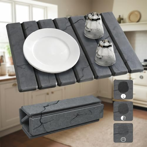 sinzau Tapis égouttoir en diatomée séchage Rapide pour Vaisselle - Séchage en 60s 40x30cm Pliable antidérapant Gris Effet marbre pour Plan de Travail Cuisine - Économise 50% d'espace