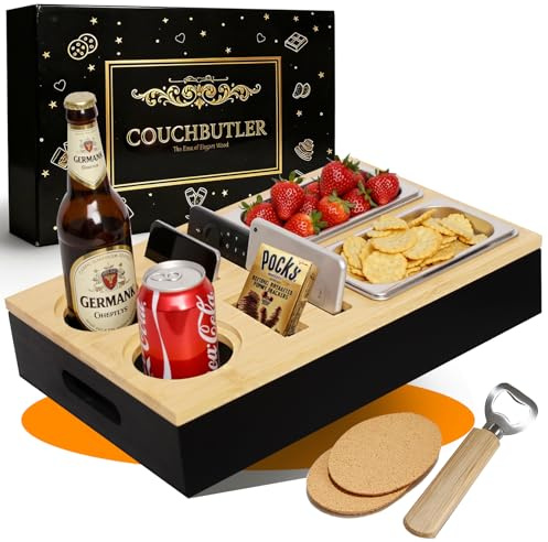 Autreykorn Couchbar Snackbox,Holz-Sofa Tablett mit Fächern & Getränkehalter | Holz Sofatablett mit Fächern, Edelstahl-Schalen, abnehmbarer Getränkehalter, Wohnmobil, Camping, Männergeschenk