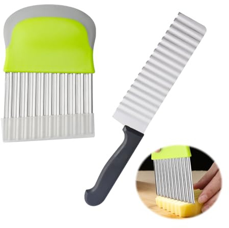 Couteau Frites Manuel Acier Inoxydable 304 avec Etui Protection 22x3cm | Lame ondulee decoupe precise, anti-adhesif robuste, coupe legumes oignons, manche ergonomique, rangement compact securise
