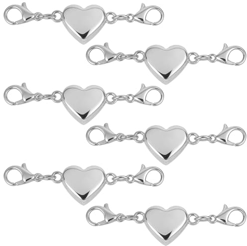 6 st Hjärta Magnetiska Smyckeslås | Silverkontakter för Armband | Kraftiga Magnetlås för Smyckestillverkning & Förlängning (Silver)