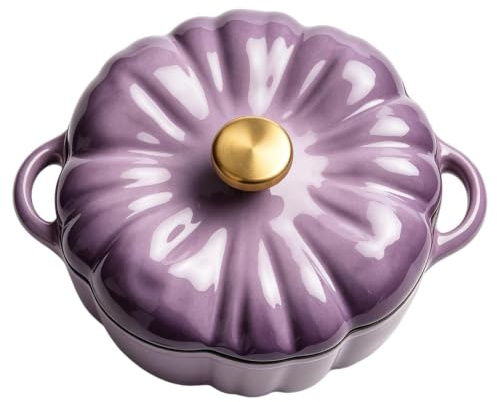 Dutch Oven - Pumpkin Enameled Cast Iron Bread Baking Pot 1.85L Soup Cassero | Enameled bread Dutch oven features a festive pumpkin shape and heavy-duty cast iron build with integrated side handles.