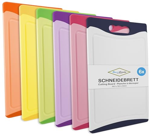 MaxxGoods Schneidebrett SET 6-teilig bunt, mit Saftrille & Griff - Antibakteriell - Hackbrett, Kunststoffbrett beidseitig verwendbar & Spülmaschinenfest (28,5 x 19,5 x 0,8 cm)