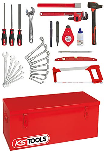 KS Tools 911.0028 - Caisse à outils tuyauteur - Avec coffre de chantier sans plateau inclus - Jeu clé fourches, Clés pipes, Mateau, Burin, etc... - 28 pièces