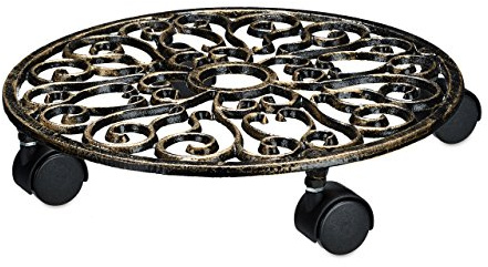 Relaxdays Soporte Redondo con Ruedas para Plantas, Hierro Fundido, para Exterior, 7,5 x 33,5 x 33,5 cm, 1,9 Kg, Bronce
