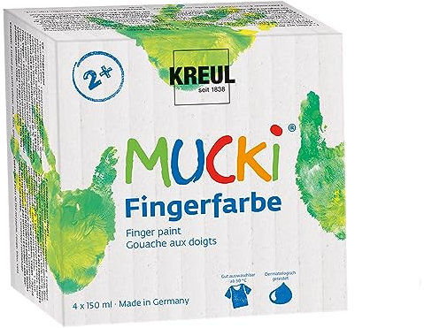 KREUL 2314 - Mucki leuchtkräftige Fingerfarbe, 4 x 150 ml in gelb, rot, blau und grün, parabenfrei, glutenfrei, laktosefrei und vegan, auswaschbar, vermalbar mit Pinsel, Schwamm und Fingern