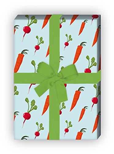Leckeres Gemüse Geschenkpapier Set (4 Bogen) Dekorpapier mit Möhren, Karotten und Radieschen für Geschenk Verpackung zu Geburt, Ostern, Geburtstag, Hochzeit, Weihnachten 32 x 48cm, hellblau