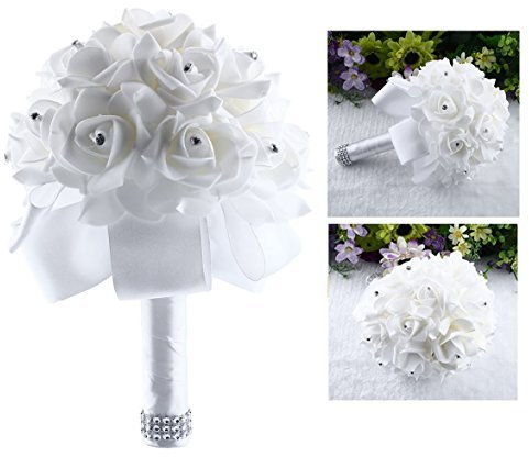 Itian Bouquet da Sposa di Fiori Artificial Rose Fiori da Sposa Decor(Bianco)