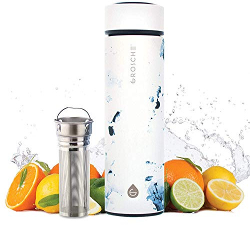 GROSCHE Chicago EXTRA LONG INFUSER 450 ml (15.2 fl. Oz) SOFT TOUCH - (White Marble) Tea and Fruit Infuser Bottle - Double Walled Vacuum Insulated Stainless Steel Flask | Hot & Cold Tea Infuser Bottle