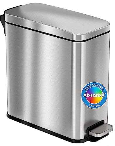 iTouchless PresseDouce Poubelle de salle de bain fine de 11 litres avec filtre anti-odeurs et seau intérieur amovible, petite poubelle en acier inoxydable à pédale