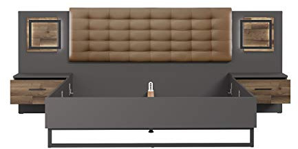 FORTE Sirius Black Bett, Liegefläche 180 x 200 cm, Holzwerkstoff, Stabeiche Dekor kombiniert mit Wolfram Grau, 307,6 x 123,8 x 209,9