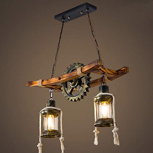 Retro Pendelleuchte Industrielle Loft Bar Hängeleuchte Wohnzimmer Holz Metall Schmiedeeisen Gear Pendellampe E27 Höhenverstellbar Industrial Hängelampe Esszimmer Wohnzimmer Küche Café Kronleuchter