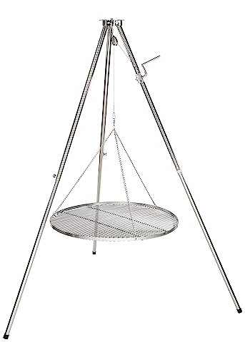 HeRo24 Griglia girevole a tre zampe in acciaio inox con manovella, catena, zappa, girella e borsa per riporla