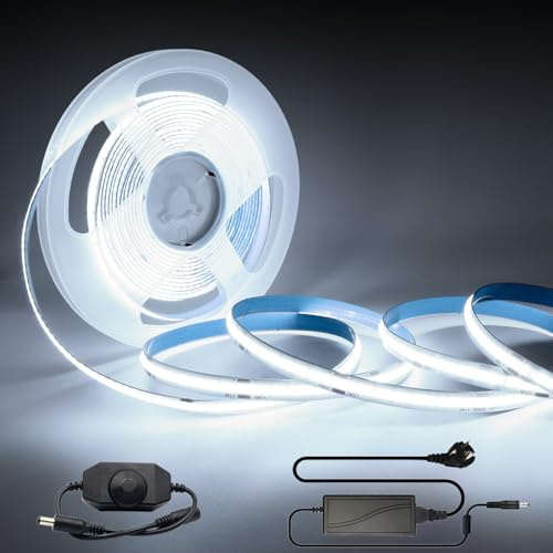 Arotelicht COB LED Strip 5m 24V COB LED Streifen kaltweiß 6000K dimmbar COB LED Band Lichterkette Hohe Dichte 320 LEDs/M inklusive Adapter und Dimmer IP20 für Schlafzimmer Küche Home Innendekoration