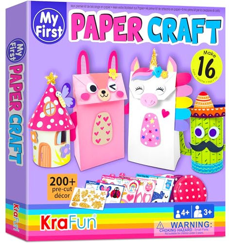 KRAFUN Einhorn-Hasen-Papier-Bastelset für Mädchen ab 3 Jahren, 16 DIY-Kunstprojekte, Papiermaterialien, Anleitung, Wiederverwendbare Box, Kreatives Lernspielzeug