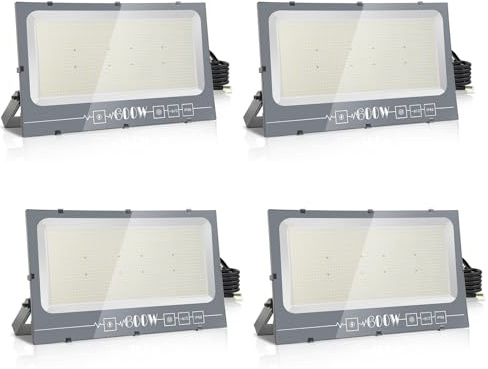 Royana 4x 600W LED Strahler Außen, Superhell Aussenstrahler 60000LM Baustrahler, IP66 Wasserdicht Flutlicht Außenleuchte 6000K Kaltes Weiß Scheinwerfer für Garage, Garten, Sportplatz