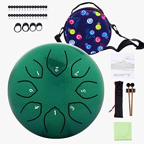 Musfunny Steel Tongue Drum Zungentrommel : 6 Zoll 8 Noten C-Dur Handpan Instrument - Stahlzungentrommel Schlaginstrument für Geburtstagsgeschenk Klangheilung Yoga Meditation (Grün) | C Dur Steel Tongue Drum Mit Musikbuch Schlägel Trommel Tragetasche - Steel Pan Für Geburtstagsgeschenk Yoga Meditation
