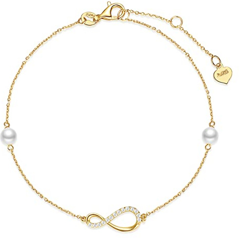FANCIME Armband für Damen mit Infinity Anhänger aus 14 Karat 585 Gelb Gold Charm Perlen Armkette Schmuck Geschenk für Mädchen Kinder, Armbandlänge 17+3 cm