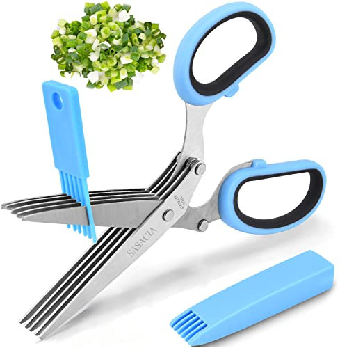 SASACIA Kräuterschere mit 5 Klingen & Reinigungsset, Edelstahl Küchenschere für Kräuter, Salat, Koriander, Spülmaschinenfest, Soft-Grip-Griff