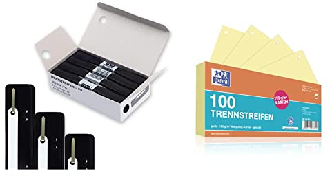 Elba Heftstreifen aus Kunststoff, 150x35mm, schwarz, 100 Stück & Oxford Trennstreifen, aus Karton, gelocht, 190 g/m², gelb, 100 Stück