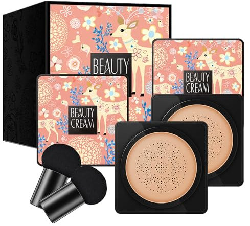 2PCS Mushroom Head Air Cushion Foundation CC Cream Water Feeling Flawless Nude Makeup BB Cream Moisturizing Oil Control, Lightweight & Smoothing Natural Concealer Gifts for Girl (Natural)