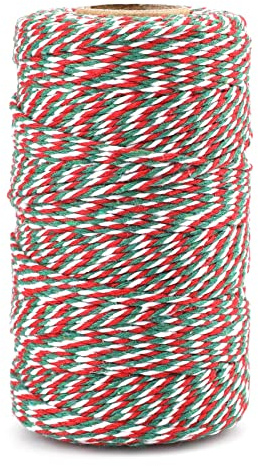 KINGLAKE Green Red and White Cotton String, 2mm x 100m Christmas Bauble String for Gift Wrapping, Butchers Bakers Twine for Crafts, Xmas Decoration, Cooking Meat