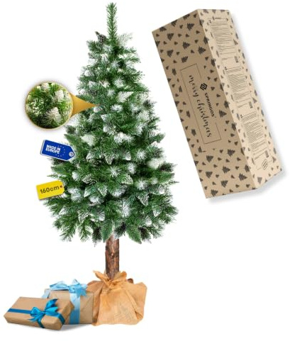SPRINGOS Weihnachtsbaum 160 cm Diamantkiefer mit Naturstamm Kunstschnee Ständer Naturzapfen