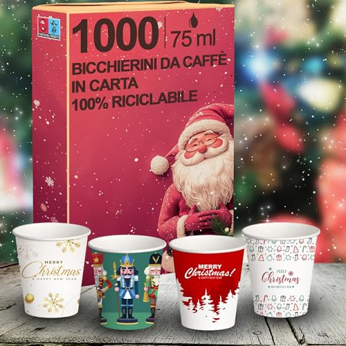 Generico GM 1000 Bicchieri da Caffe Natalizi in carta da 75 ml. (4 fantasie) bicchieri monouso, biodegradabili, Asporto Bevande Calde, per Festività natalizie