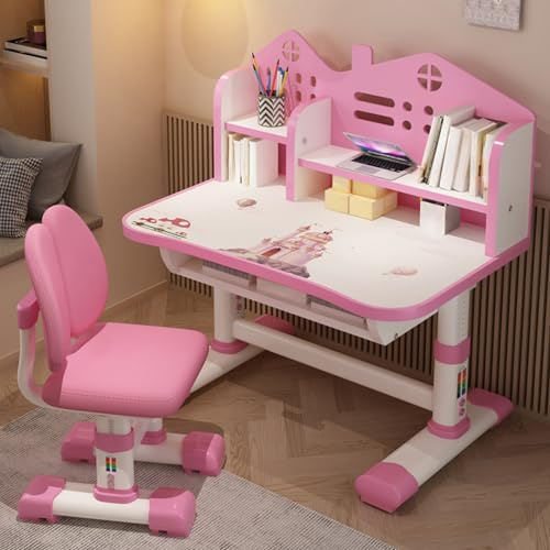 Escritorio de Estudio para Niños y Niñas con Silla Rosa Ajustable y Almacenamiento