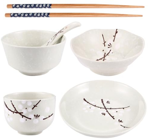 LIFKOME Japanese Style Household Tableware Set 6 Pieces Ceramic Tableware for Single Use Blue Green Bowl Dish Plate Cup Spoon Chopstick for Home Kitchen