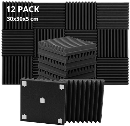 ROVSON Akustikpaneele, 12 Stück Akustikschaumstoff, 30x30x5cm, Hochdichte Schallabsorber Wand, Schallabsorber, Schalldämmung für Tonstudio, Anthrazit-Grau, Enthält Klebstoffe