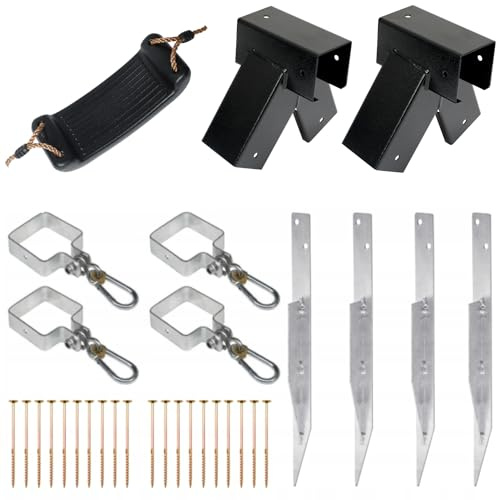 Gartenschaukel - Kinderschaukel-Montageset 2 x Verbindungsstücke 100° 2 x 2 Schaukelschellen mit Karabinern und Beschlägen für Vierkantholz 4 Bodenanker 20 x Holzschrauben 8x80 TORX 1 x Schaukelsitz