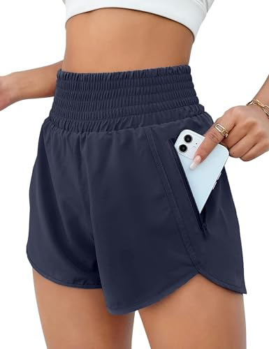 EUHOM Sporthose Damen Kurz 2 in 1 Laufhose Sommer Sport Shorts High Waist Laufshorts Schnelltrocknende Kurze Hose für Gym Running Yoga Tennis (Navy Blau, L)