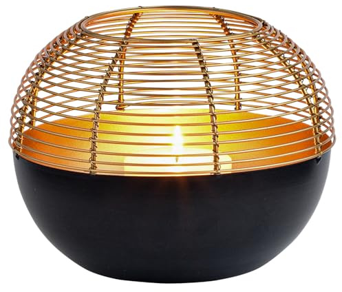 Marrakesch Skandinavische Deko Teelichthalter rund aus Metall 21cm groß schwarz Gold | Windlicht Dolsi als Frühling Wohnzimmer Tisch Deko | Exquisite Kerzenständer für Teelichter als Dekoration