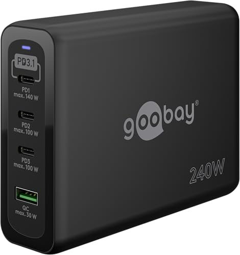 goobay – Kompaktes ultraschnelles USB C 240W Ladegerät, Multi Port USB-C Schnellladegerät, Ladestation für 4 Geräte, kompatibel mit iPhone, Samsung, Google, Laptop, Tablet, etc. / 65885