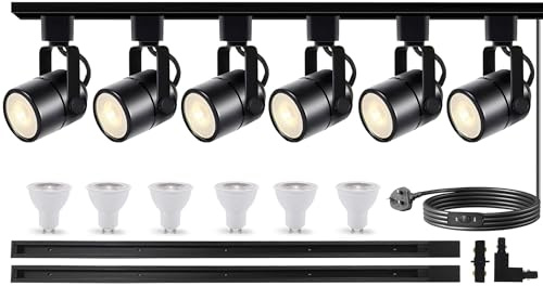 Bravsekai Advanced LED Track Lighting Kit with Replaceable GU10 Bulbs, 6-Lights Dimmable Track Lights with 2x1m H Type Track Rails, 10W 4000K Natural White Indoor Spotlight Fixture for Any Space