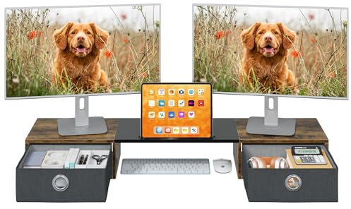 OYRREU BildschirmerhöHung 2 Monitore, 92cm Monitorständer mit Schublade, Monitor Erhöhung Schreibtisch Monitor Stand Holz Monitor Riser TV PC Ständer MonitorerhöHung 2 Monitore(Rustikales Holz)