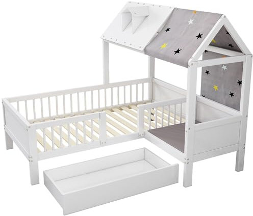 Azkoeesy Hausbett, Kinderbett 90 x 200 cm, mit Fallschutz und Gitter, Stauraum, Sofa und Kissen, Zeltbezug, weiß