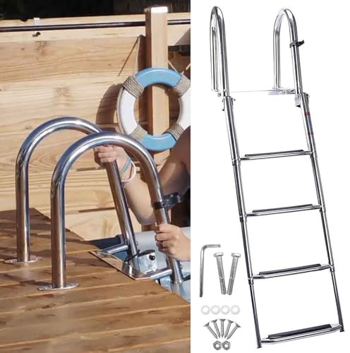 Above Ground Pool Ladder Deck Mount Kit, Telescopic 4 Step Boat Ladder for Boat/Pontoon/Dock, Marine Yacht Stainless Steel Folding Telescoping Rear Entry Inboard Ladders, Loads 150