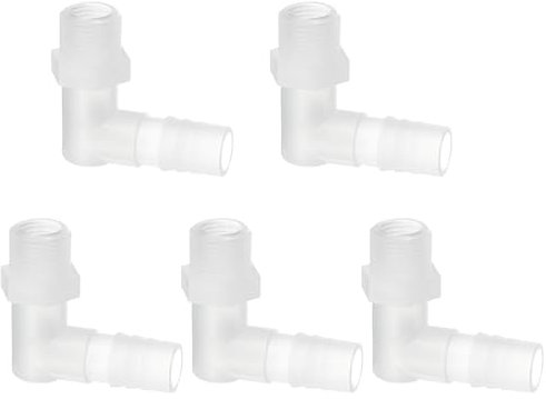 PATIKIL 5pcs Conector de Manguera, Codo en L de 10mm Rosca G a 12mm Púa Adaptador de Plástico Espiga Conexión para Tuberías para Acuario Aire Agua Combustible Aceite Tubo, Translúcida