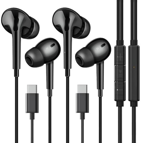 USB C Headphones for Samsung S24 (2 pack), Wired Earphones USB C with Mic & In-Line Controls HiFi Stereo Type C Headphones for Samsung Galaxy S23/S22/21 and More