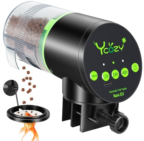 Ycozy Alimentador Automático de Peces Acuario Alimentado por Enchufe con Cable Tipo C Comedero de Peces Dispensador Automático para Vacaciones Betta/Tortugas con Anillo Flotante