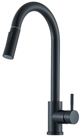 HARNART Kitchen Tap, Stainless Steel Black Sink Tap with Pull-Down Sprayer Hose Single Hole,360° Swivel Kitchen Mixer Taps with 2-Mode Sprayer,Black