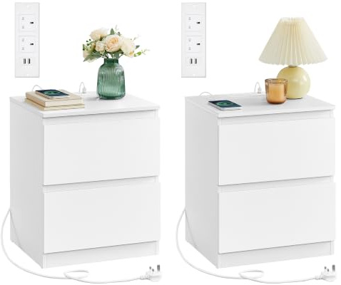 VASAGLE Nightstand with Charging Station, Bedside Table with Drawers, Side End Table, 2 AC OutLETs, 2 USB Ports, for Living Room, Bedroom, Study, White KAILYN Collection LET821W01
