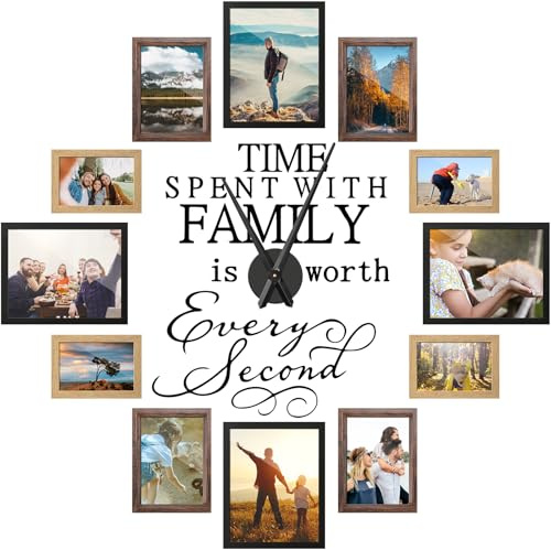 Briwooody Family Photo Clock Frame Wall Decor for Living Room, Family Picture Frame Clock Wall Art, Happy Mother's Day Mom Birthday Gifts, Room Decor(8x10, 5x7, 4x6 Inch,Black, Brown)
