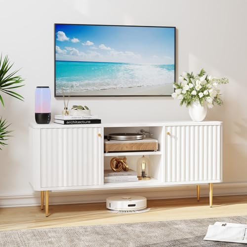 HOLTICO TV Stand Cabinet Fits TVs up to 65, White TV Units for Living Room | Fluted Modern TV Cabinets for Living Room