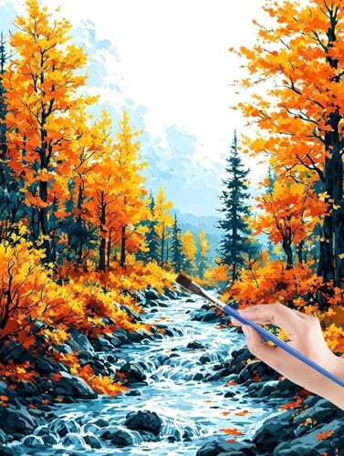 Forest Malen Nach Zahlen Kinder, Paint By Numbers Fluss, DIY Malen Nach Zahlen Erwachsene Handgemalt Ölgemälde Leinwand für Home Decor, für Jungen Und Mädchen Geburtstagsgeschenk 60 x 80 cm 3P-I
