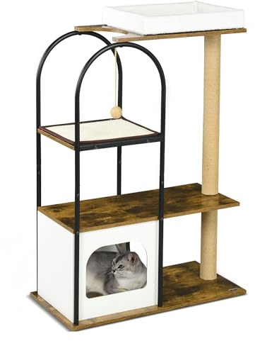 PawHut Kratzbaum 118,5 cm Katzenkratzbaum mit Kratzmatte, Katzenhöhle, Katzenbaum mit Bett, Kippschutz, Spielball, für Katzen bis 5 kg, Rustikal-Braun
