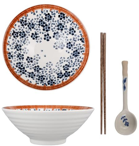 8 Inch Ramen Bowl Set Japanese Noodle Bowl with Chopsticks and Spoon Porcelain Soup Bowl Perfect for Pasta Salad and Fruits Dishwasher Safe Elegant Design（One Pack）