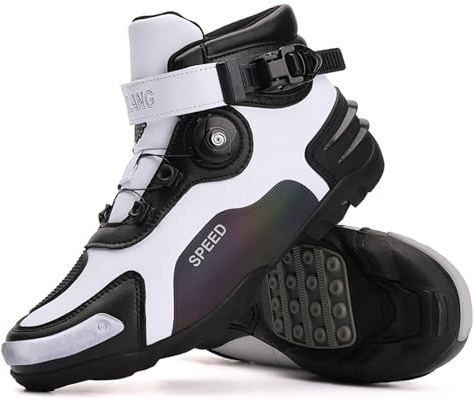 FHQGZT Motorrad Schuhe Herren Motorradschuhe Schwarz Motocross Kurze Stiefeletten Wasserdichtes Leder Belüftet, Motorradstiefel Protektoren Offroad Stiefel Rennsportstiefel (White,42 EU)