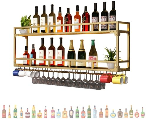 JOSIAHCQ Weinregal Metall Flaschenregal Schmal Bar Regal Wand Weinschrank Wine Rack mit Weinglashalter Küchenregal für Bartheke Wohnzimmer Küche Esszimmer(Gold,120 * 25 * 54cm)